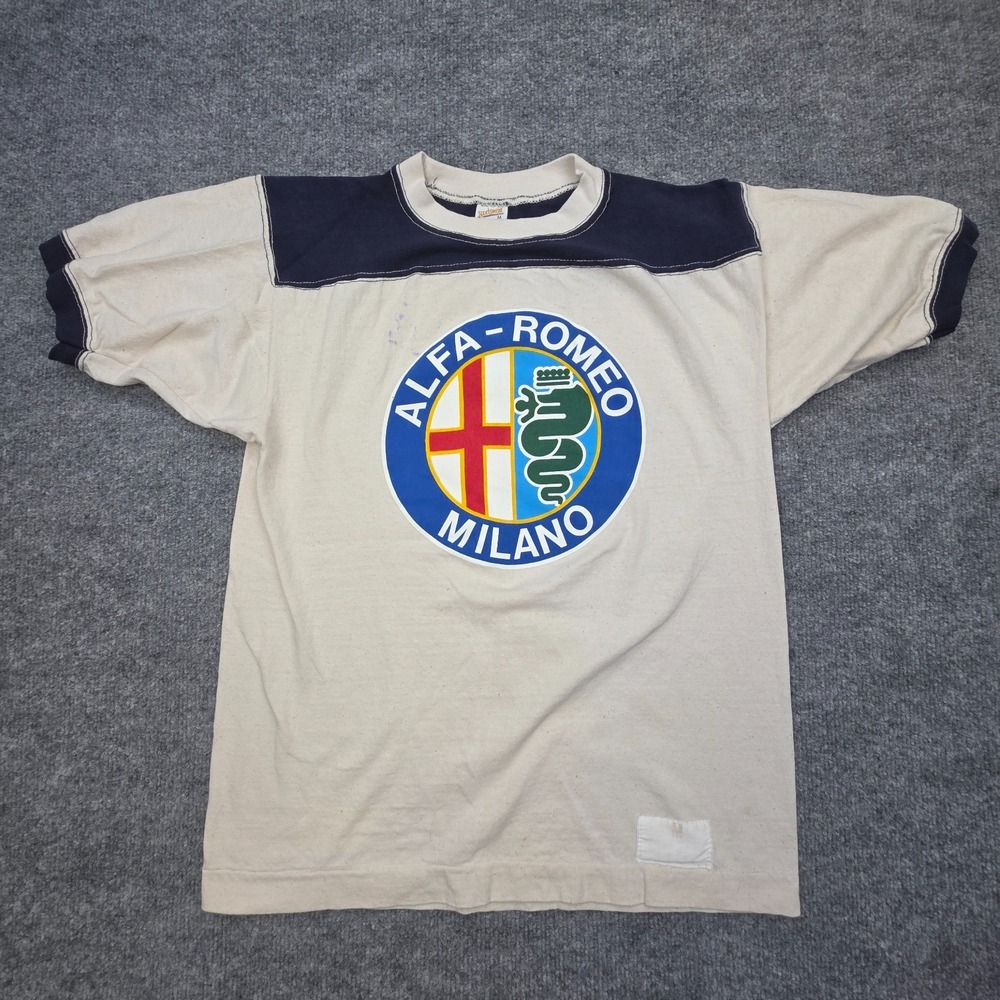 Vintage Alfa Romeo Milano T-Shirt Men's Medium Beige Blue 70's Sportswear Tag